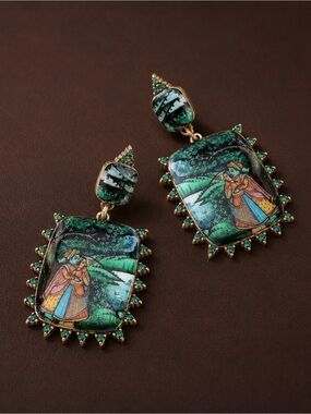 Geisha Museum Earrings Goddess CZ VTG Gold Court Medieval Art Artisan Antique